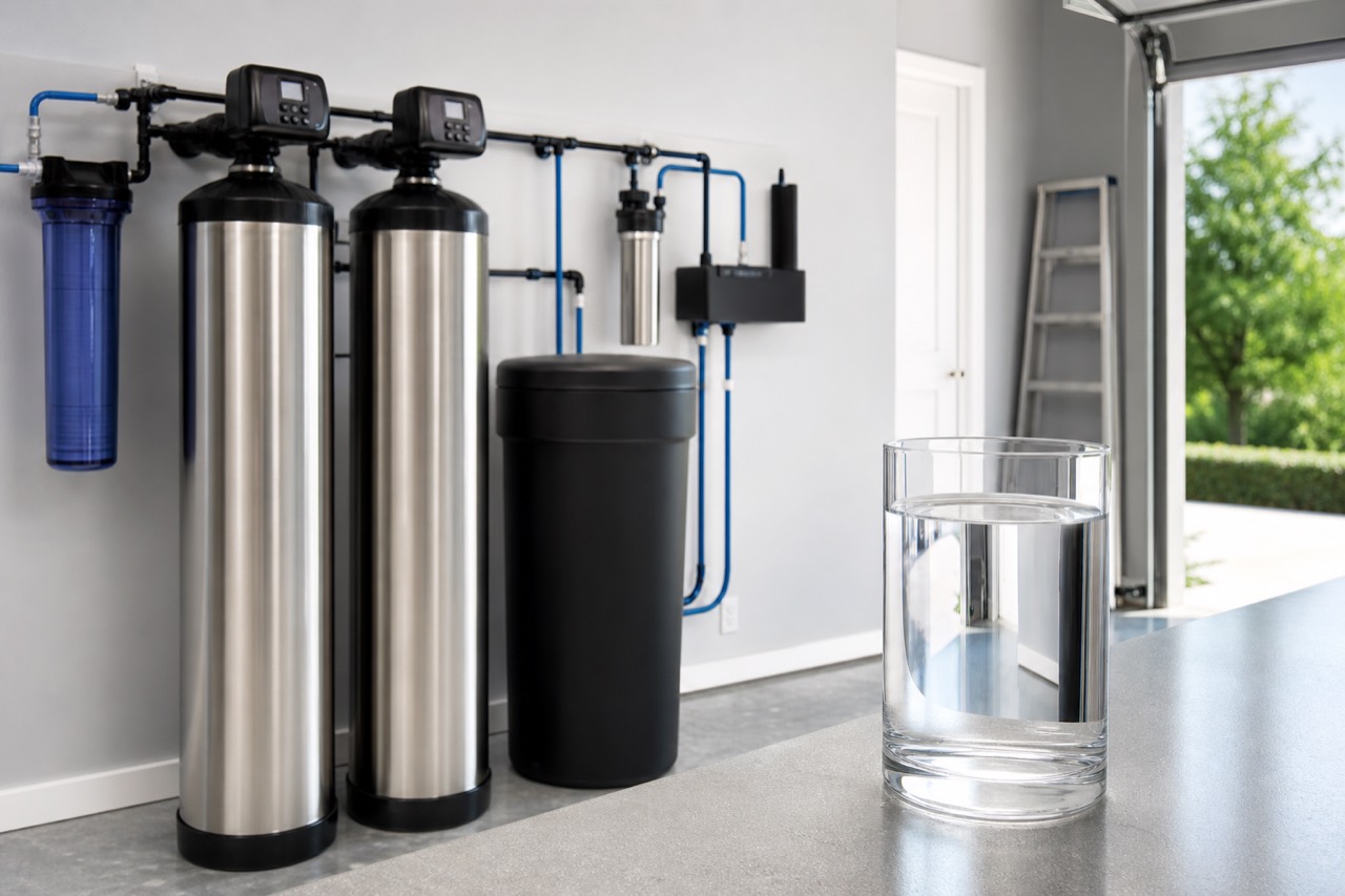 Whole-home water filtration and softener system with clean water